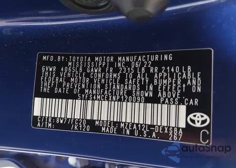 2022 Toyota Corolla Se z USA, uszkodzony, nr VIN 5YFS4MCEXNP120090